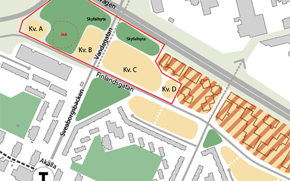 Översikt över området med planområdet markerat med röd linje.